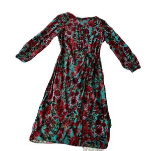 NWT Talbots Petite Floral Midi Dress Red Green Teal Long Sleeve Tie Waist